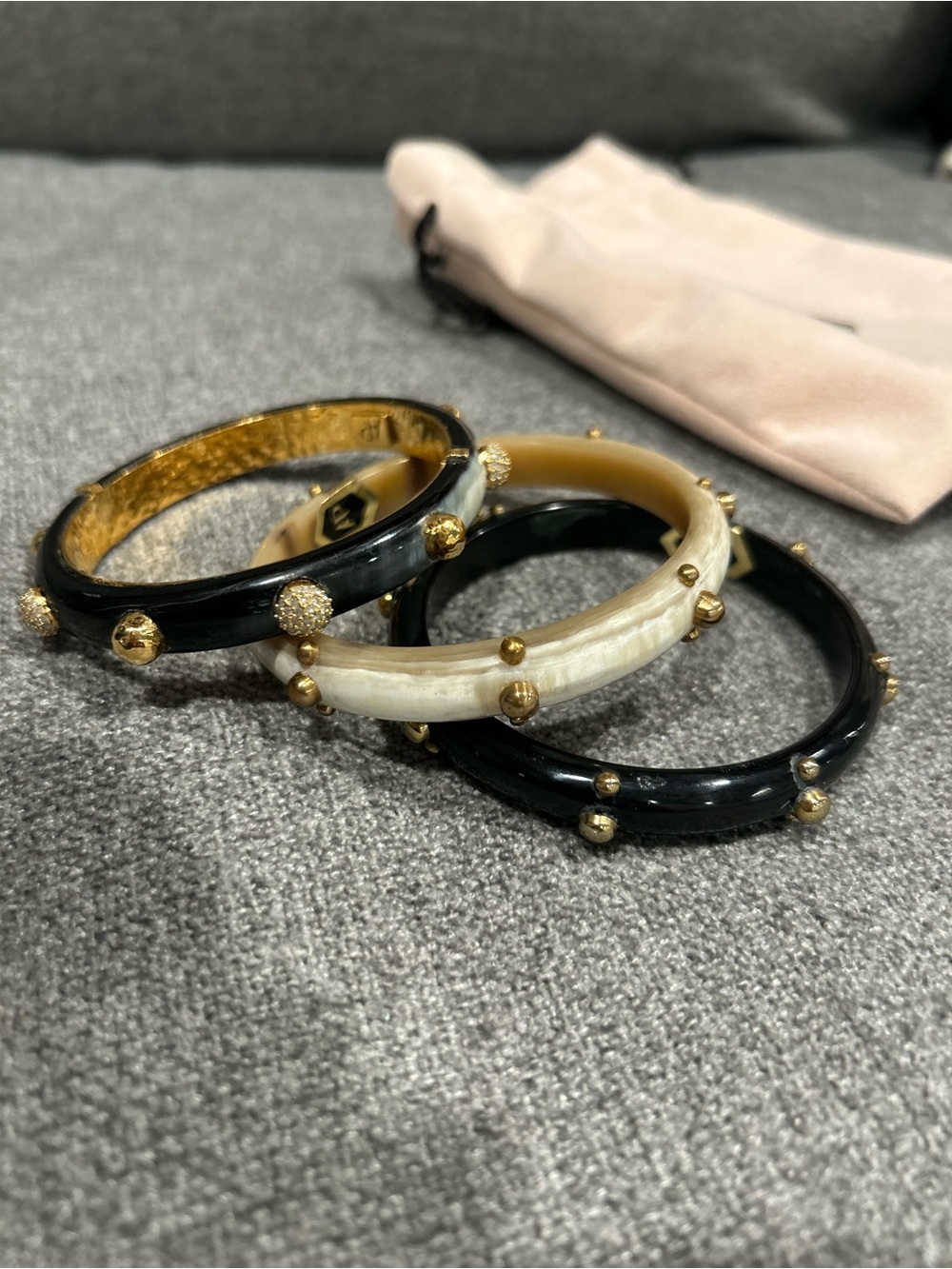 Alexis Bittar Crystal Studded Lucite Hinge Bangle Bracelet Stack - Set of 3